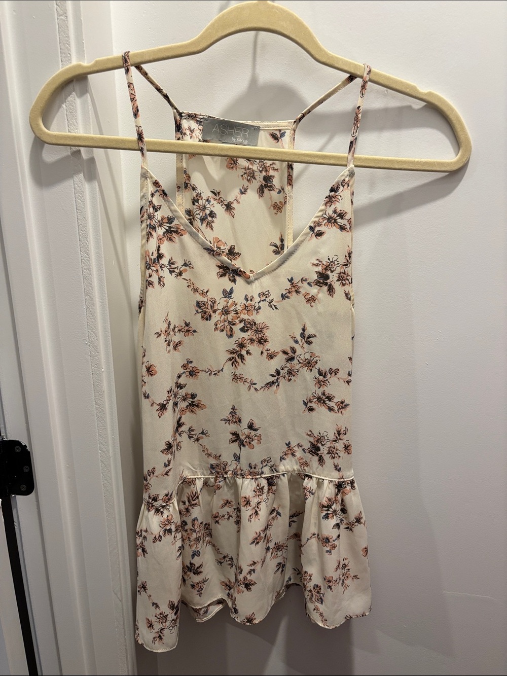 Cream Floral Spaghetti Strap Ruffle Top